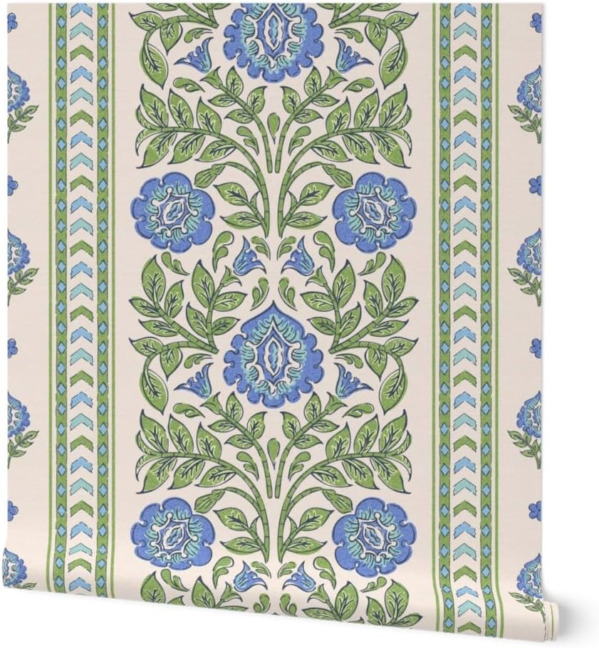 Spoonflower Peel & Stick Wallpaper 12ft x 2ft - Indian Floral Blue Flowers Green Botanical Traditional Large Scale Stamped Stripes Custom Removable Wallpaper