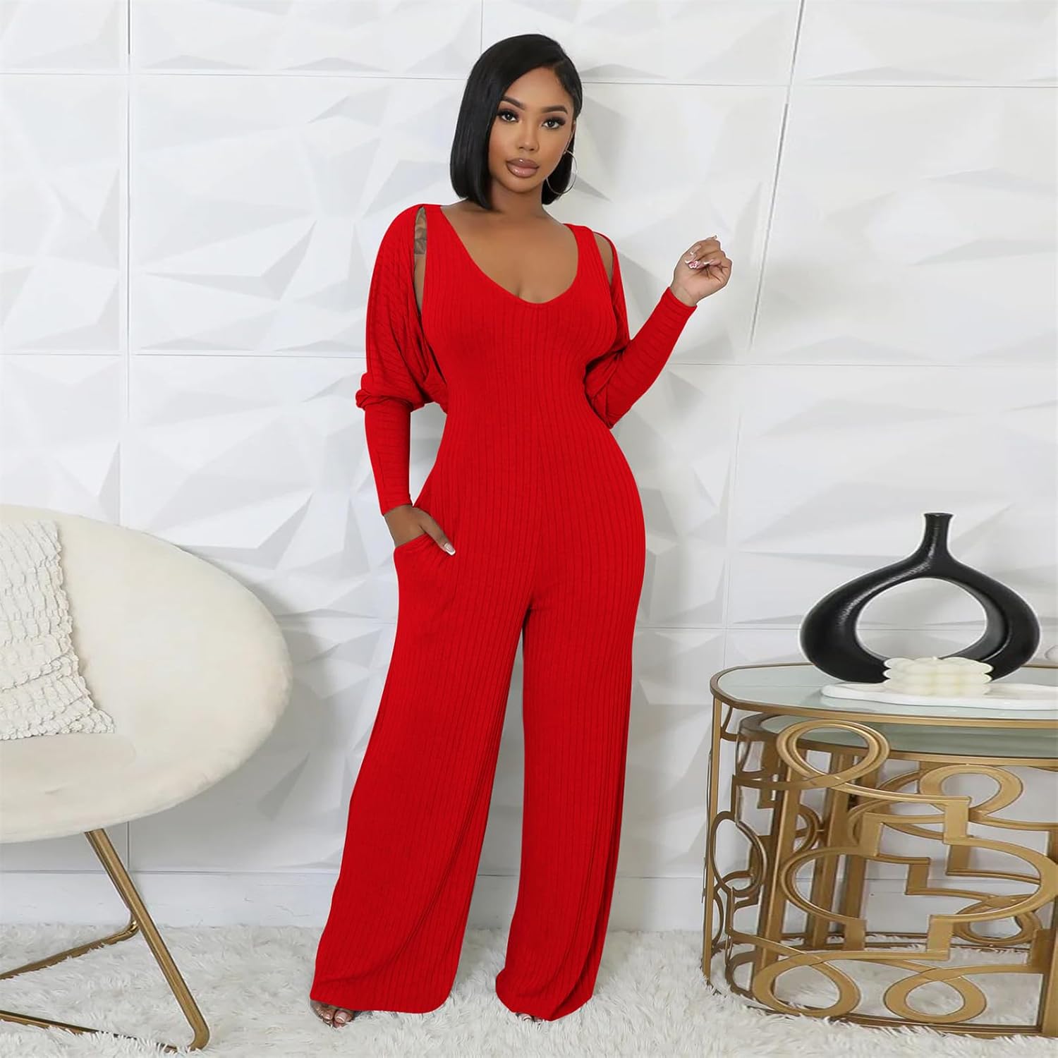 Women's Casual 2 Piece Outfits Ribbed Knitted Batwing Long Sleeve Cardigan Tank Wide Leg Jumpsuits Sets With Pocket - Image 2
