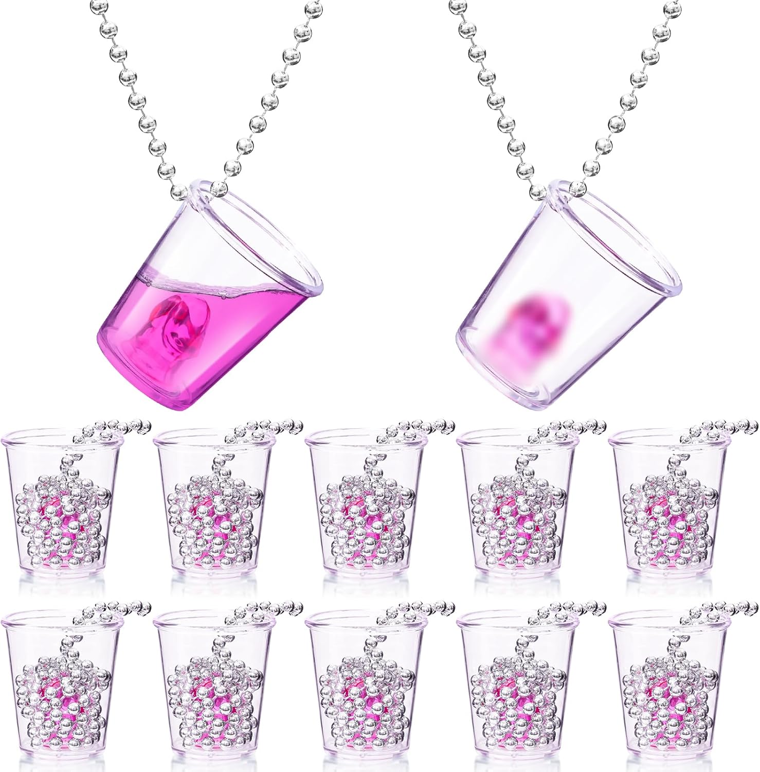 24 Pcs Bachelorette Shot Glasses with Metal Necklace, Bride Shot Glass for Bridal Shower Hen Night Wedding Party Girls Night Out Bride Squad Party Decoration Accessories Favors (Pink Silver)