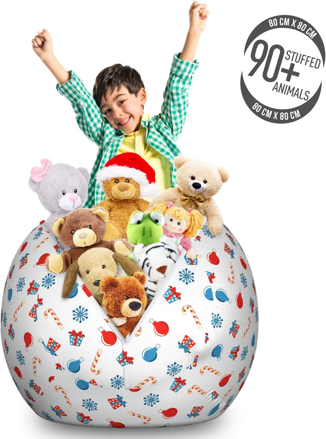 Ambesonne Christmas Storage Toy Bag Chair, Snowflakes Surprise Present Boxes Classical Candy Canes and Noel Baubles, Stuffed Animal Organizer Washable Bag, Large Size, Scarlet Beige