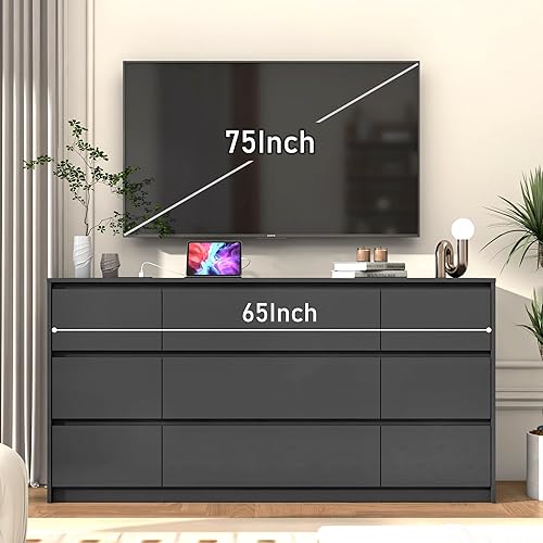 Miniatura 7 de jiteentarou Cómoda negra para dormitorio, cómoda moderna de 9 cajones con estación de carga, cómoda grande de madera de 63 pulgadas sin asa, cómoda