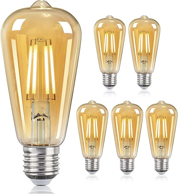 DGO E27 LED Bulb, Dimmable Energy Saving Vintage Light Bulbs, ST64 Screw Edison Light Bulbs 9W (Equivalent to 100W), Warm White, Amber Glass, 6 Pack