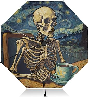Coffee Skeleton Starry Night UV Protection Travel Umbrella Compact for Rain and Sun - Auto Open and Close UPF 50+ Windproof Portable 46 Sun Umbrella for Women and Men