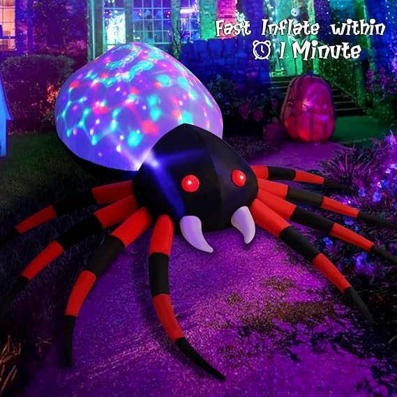 GOOSH 6 FT Halloween Inflatables Ghost and 8 FT Spider Outdoor Decorations Blow Up Yard Scary Red Eye Dimming Ghost with Built-in Colorful LEDs for Garden Lawn Indoor Party Decor