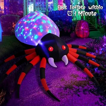 GOOSH 6 FT Halloween Inflatables Ghost and 8 FT Spider Outdoor Decorations Blow Up Yard Scary Red Eye Dimming Ghost with Built-in Colorful LEDs for Garden Lawn Indoor Party Decor
