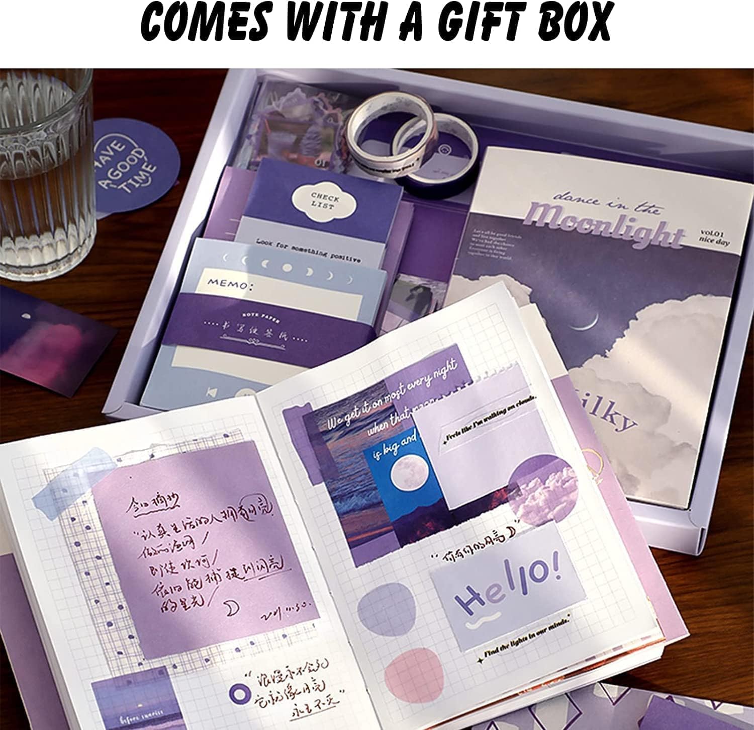 ATIRAMANIYA Vintage Aesthetic Scrapbook Kit(346Pcs) Scrapbooking Supplies Kit with Bullet Junk Journal,Stationery,A6 Grid Notebook Journaling Gift for Girl (Purple Scrapbook)