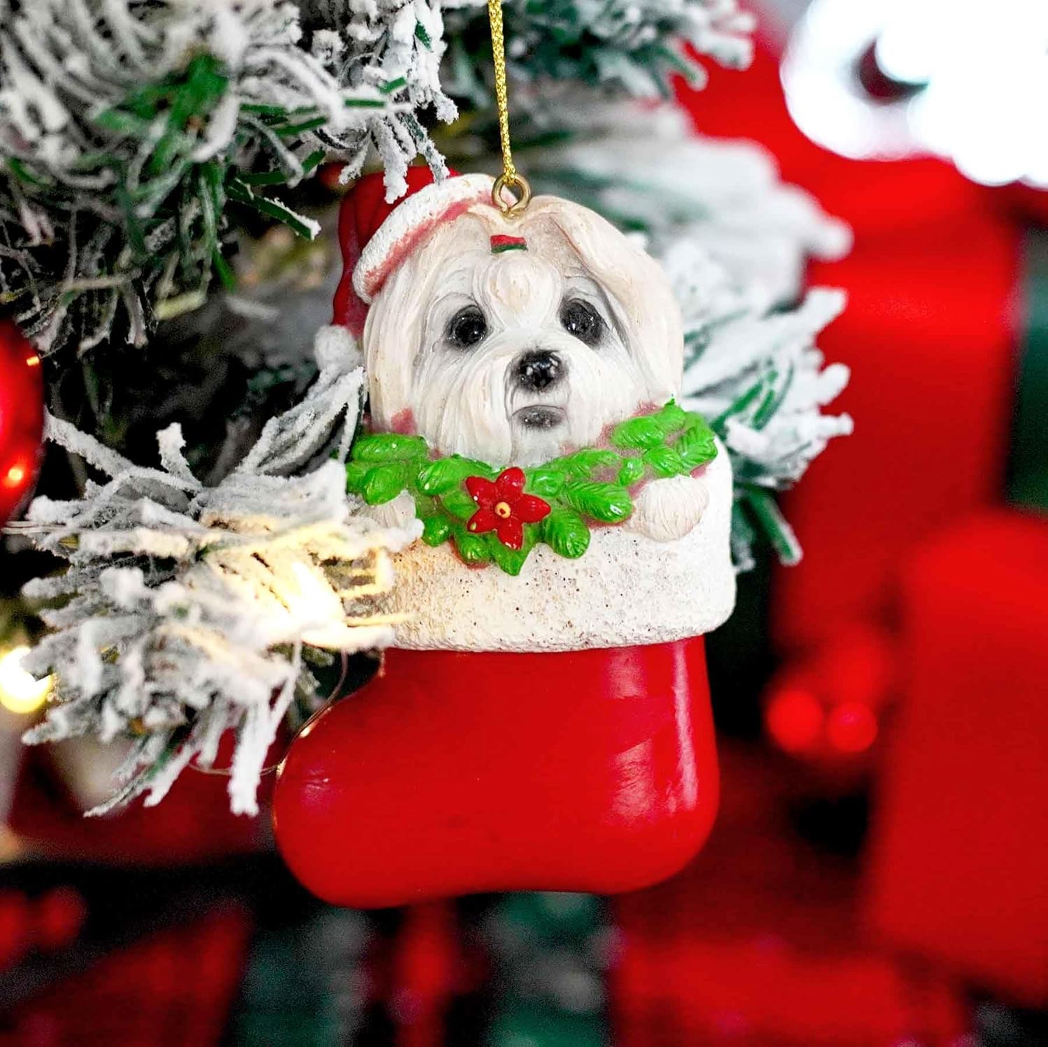 Maltese Dog Christmas Ornament – Cute White Dog in Stocking with Gold Hanging String, Resin Pet Figurine for Christmas Tree Decorations, 2025 Animal Ornaments - Image 2