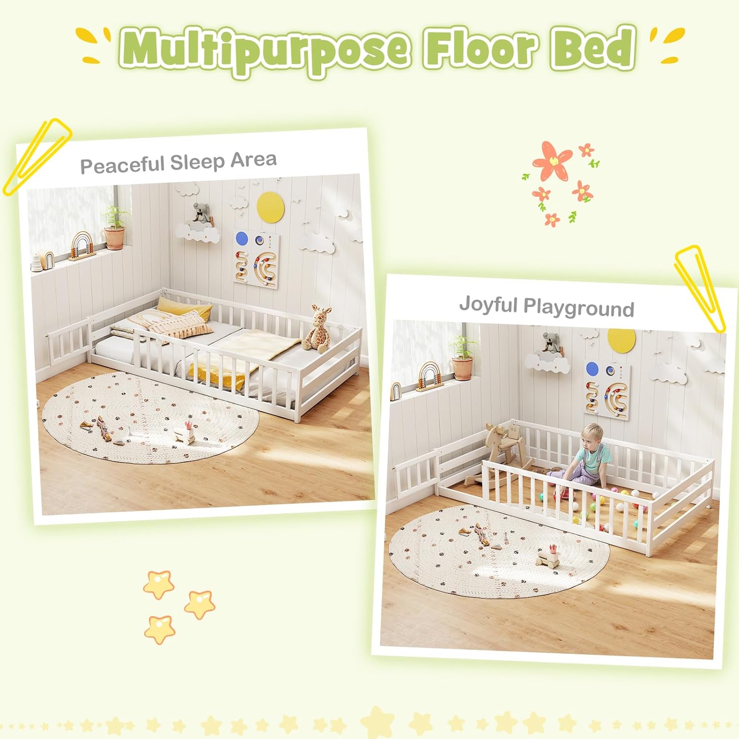 Two images illustrating the multipurpose use of the KOMFOTT Twin Wood Floor Bed. One shows it as a 'Peaceful Sleep Area' with a mattress and bedding. The other shows it as a 'Joyful Playground' with toys and a child playing inside.