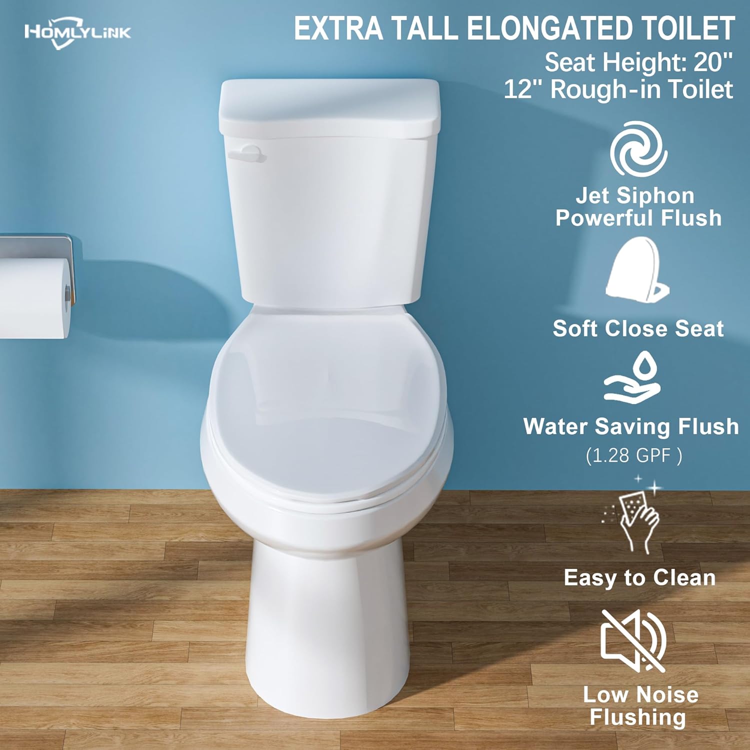 Elongated Tall Toilet 19 Inch for Seniors, ADA High Toilet for Bathroom, Comfort Bowl Heigh 19 Inch, Seat Height 20 Inch, Two-Piece Single Flush 1.28 GPF, 12 Inch Rough-in, White
