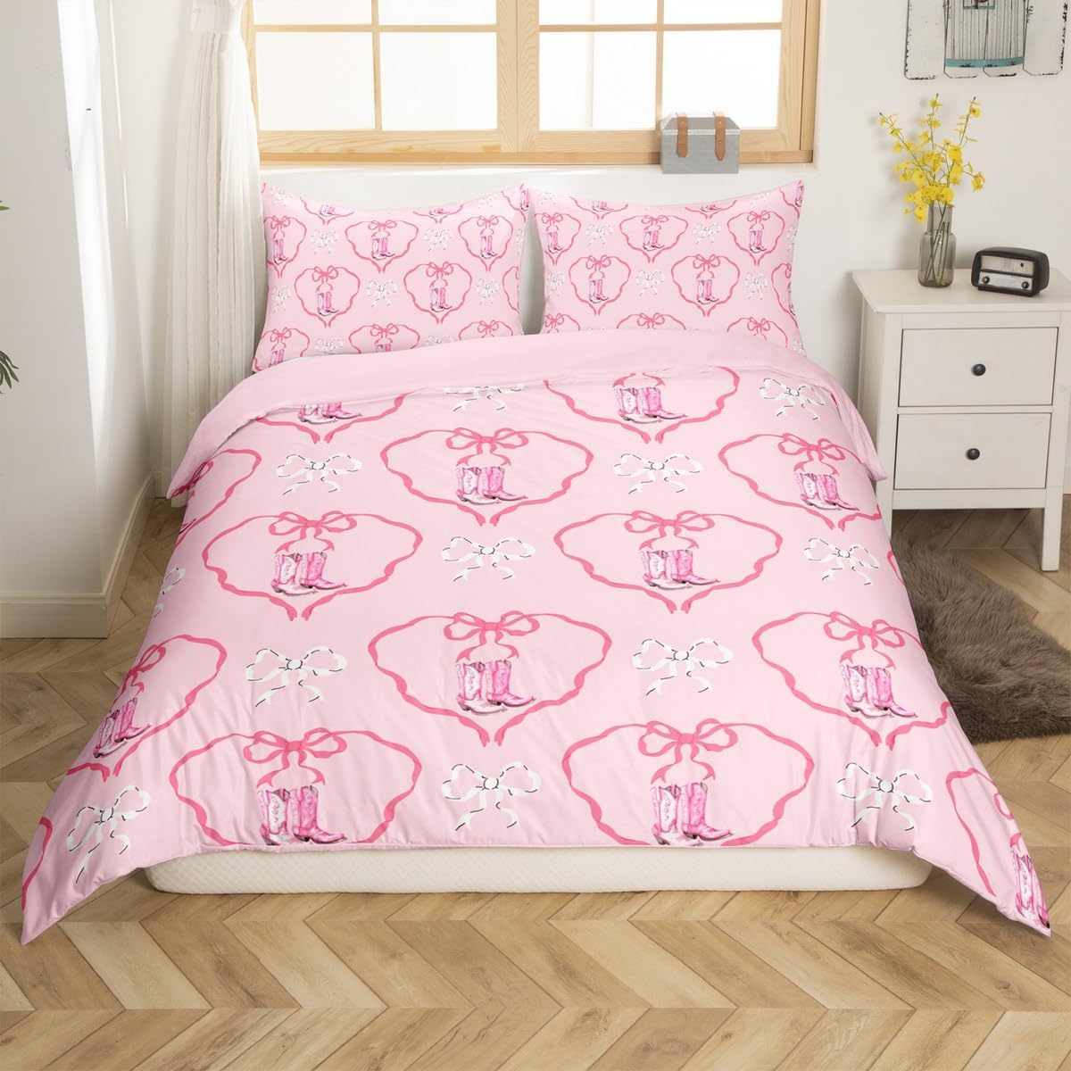 Pink Bowknot Duvet Cover Set Toddler Size,Cowgirl Boots Ribbon Bow-tie Princess Bedding Set,Girls Women Room Decor,Geometric Love Heart Patch Comforter Cover,Chic Quilt Cover,1 Pillowcase(No Filler)