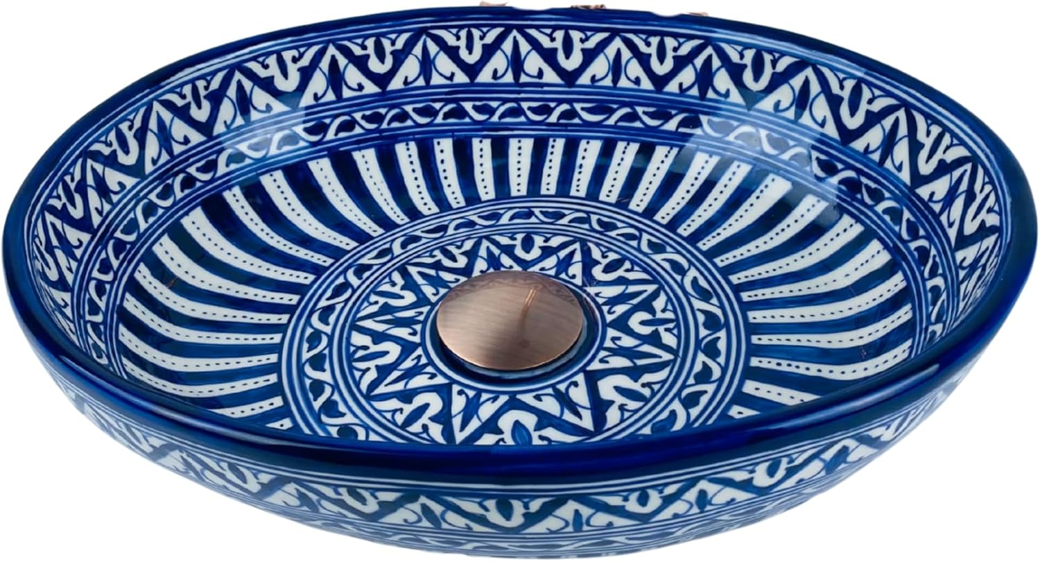 Handmade Moroccan Blue Ceramic Vessel Sink - Oval Bathroom Wash Basin with White Sunburst Pattern - Custom oval wash basin (40x30cm = 16x12in)