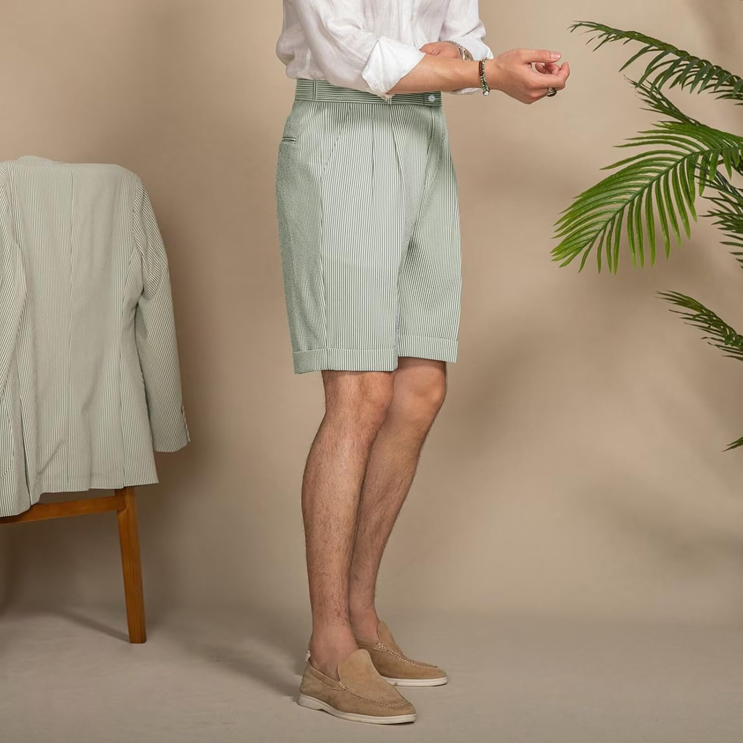 Classic Mens Summer Seersucker Shorts Striped Flat Front Shorts Pant