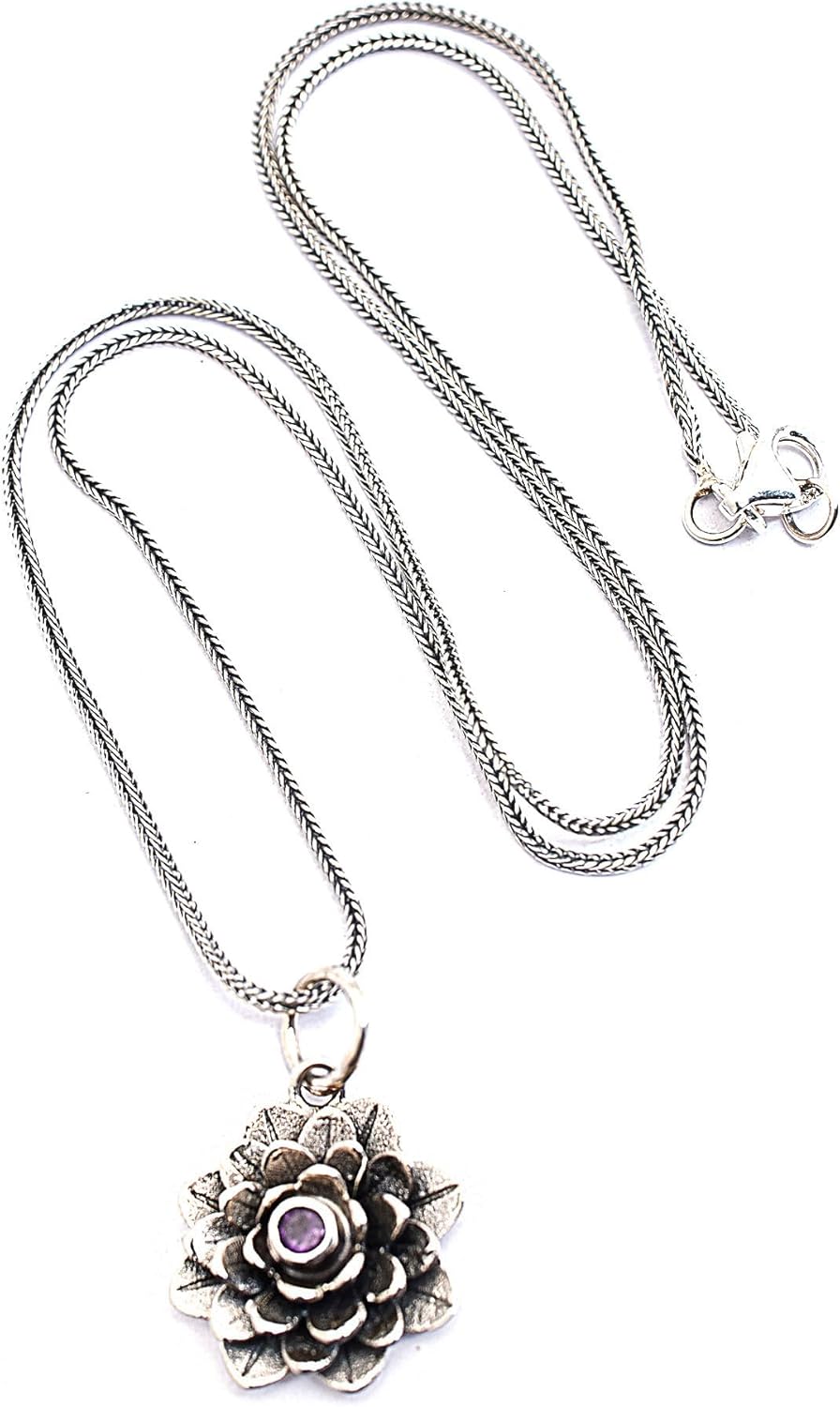NOVICA Artisan Crafted Sterling Silver Flower Pendant Necklace | Purple Floral | Amethyst Gemstone | Lobster Claw Clasp | Foxtail Chain | Hypoallergenic Jewelry | Indonesia ' Sacred Lilac Lotus'