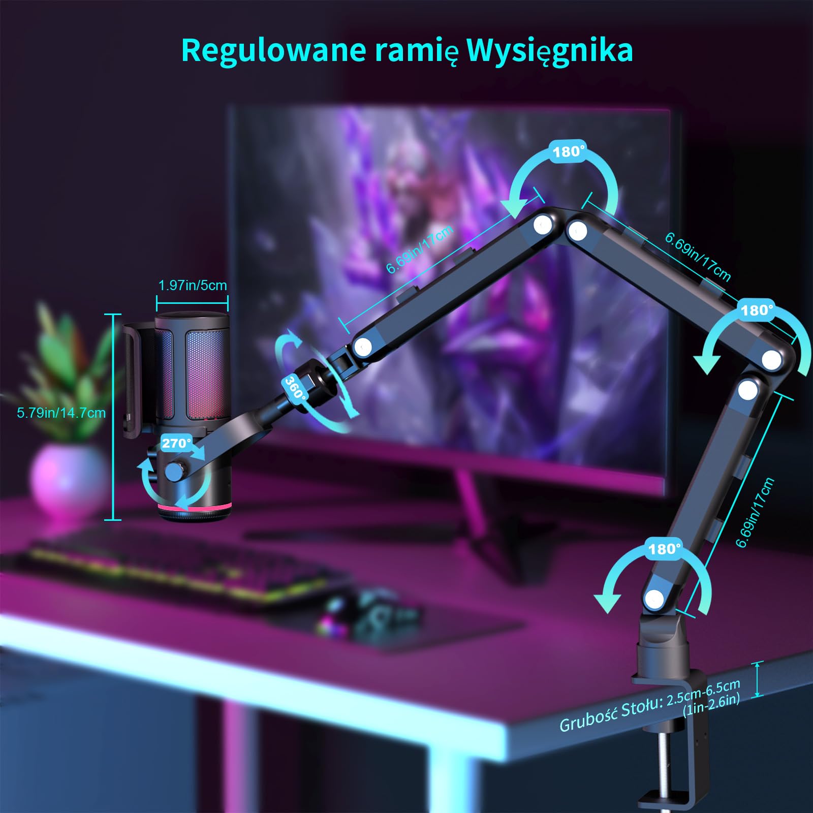 K KASONIC Mikrofon RGB do Gier z Wysięgnikiem, Mikrofon Pojemnościowy do Domowego Studia dla PC, Mikrofon USB 24bit 192kHz do Nagrywania Podcastów, Zestaw Mikrofonowy do Streamingu