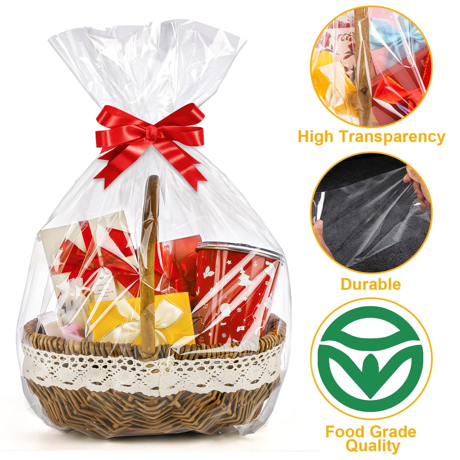 CUDICY 20pcs Cellophane Bags 18x30 Cellophane Wrap for Gift Baskets Large Clear Party Favors Clear Treat Plastic Gift Bags Packaging for Cookie