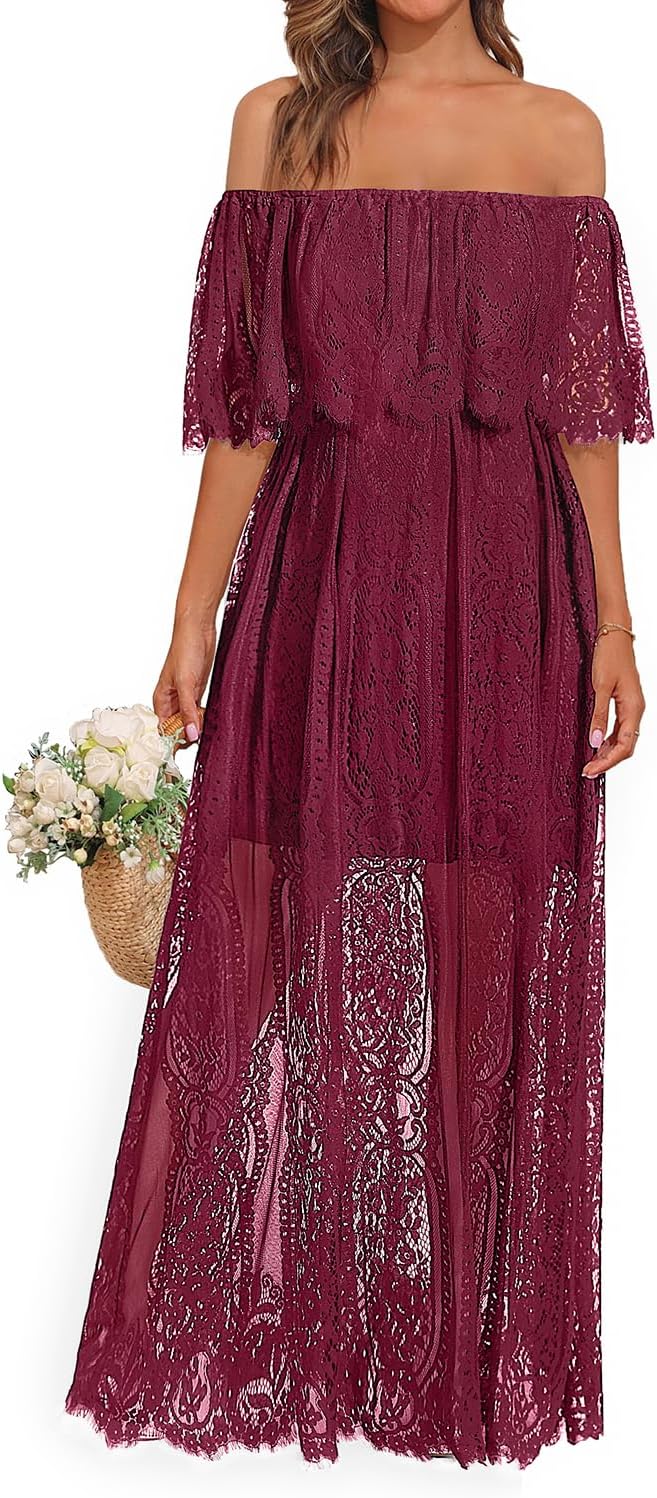 Holipick Women's Off Shoulder Lace Maxi Dress Boho Wedding Guest Bridesmaid Beach Formal Long Dress