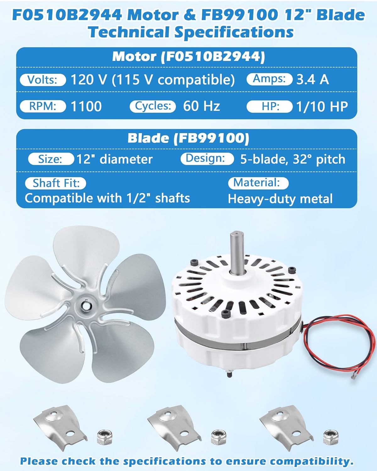 F0510B2944 F0510B2497 Attic Ventilation Fan Motor with FB99100 12" Attic Fan Blade Propeller for 1/2" Shaft Replacement for Lomanco Lomancool 2000&1800 Series Power Vent Replaces A0416B2059 A0510B2389