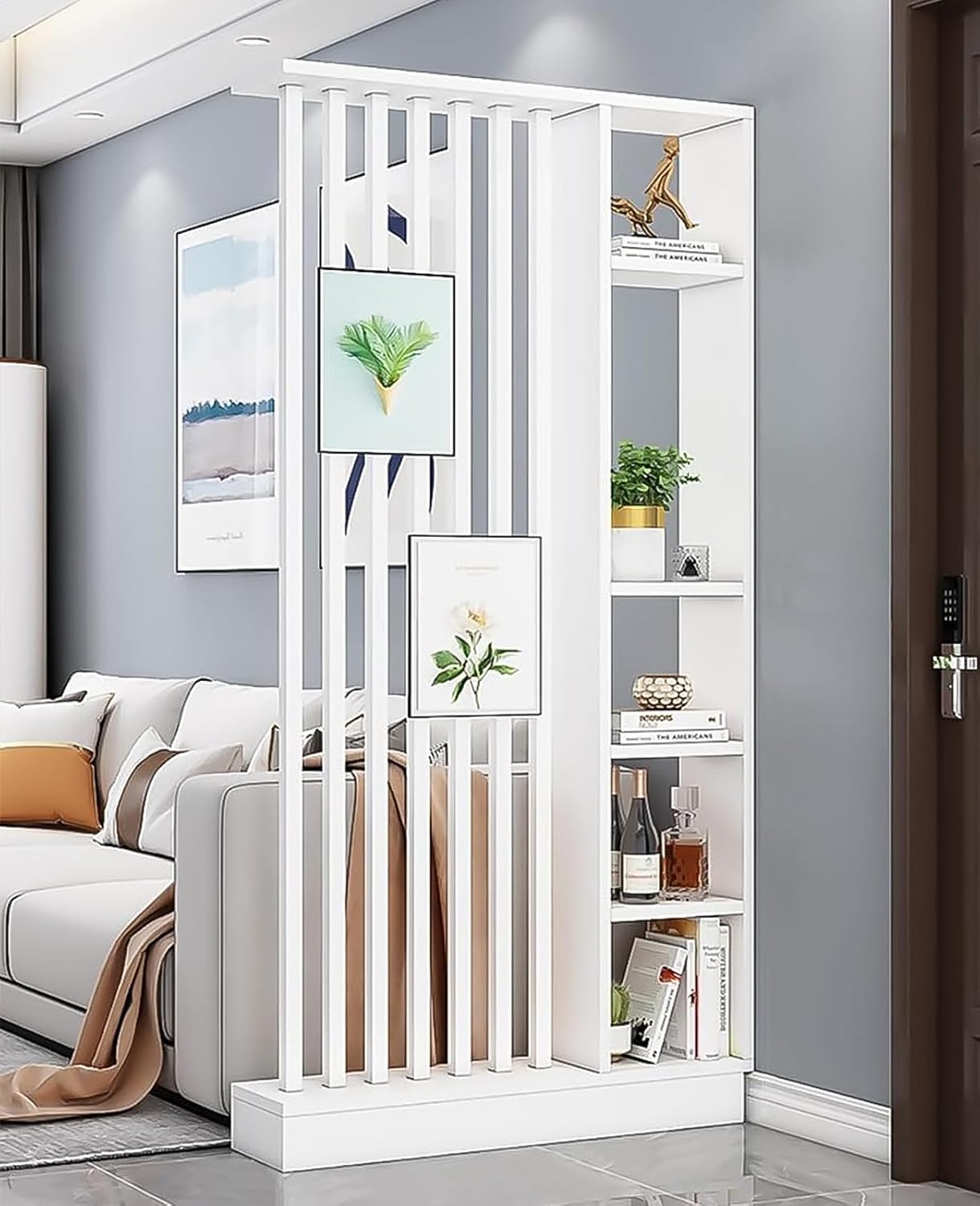 Wall Room Divider, Storage Cabinet Storage Display with Shelves, Modern Freestanding Wood Room Divider Screen, Wall Privacy Screens for Home Office Decorative (White+W,39.5" L x 9.5" W x 79.5" H)