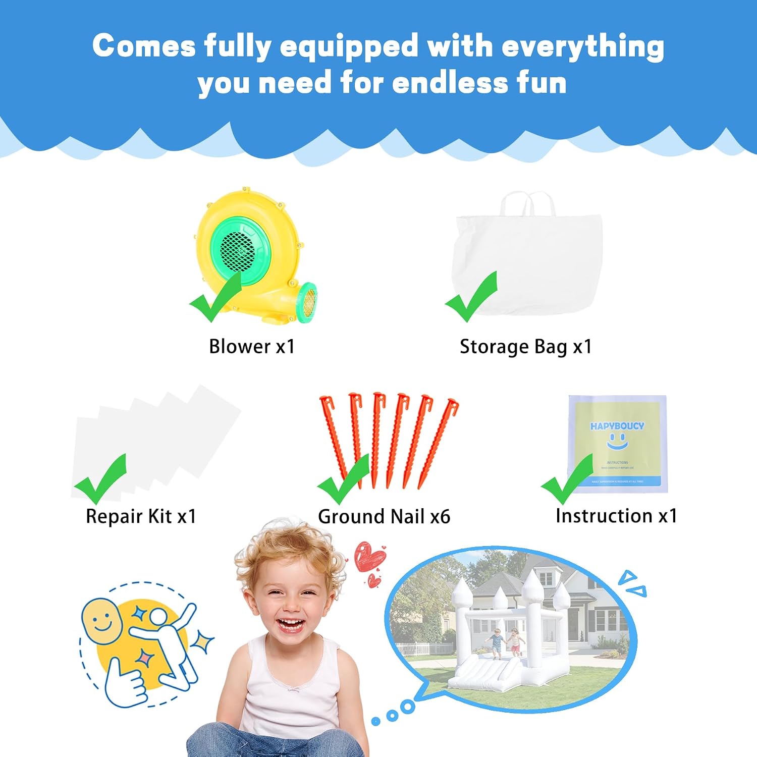 PVC White Bounce House, Bounce House for Kids 3-6 with Slide, Bouncy House Blower Included for Indoor Outdoor Use, 11ft L x 8ft W x 8ft H, Kids Bouncy Castle, Blow Up Jumping Bouncer