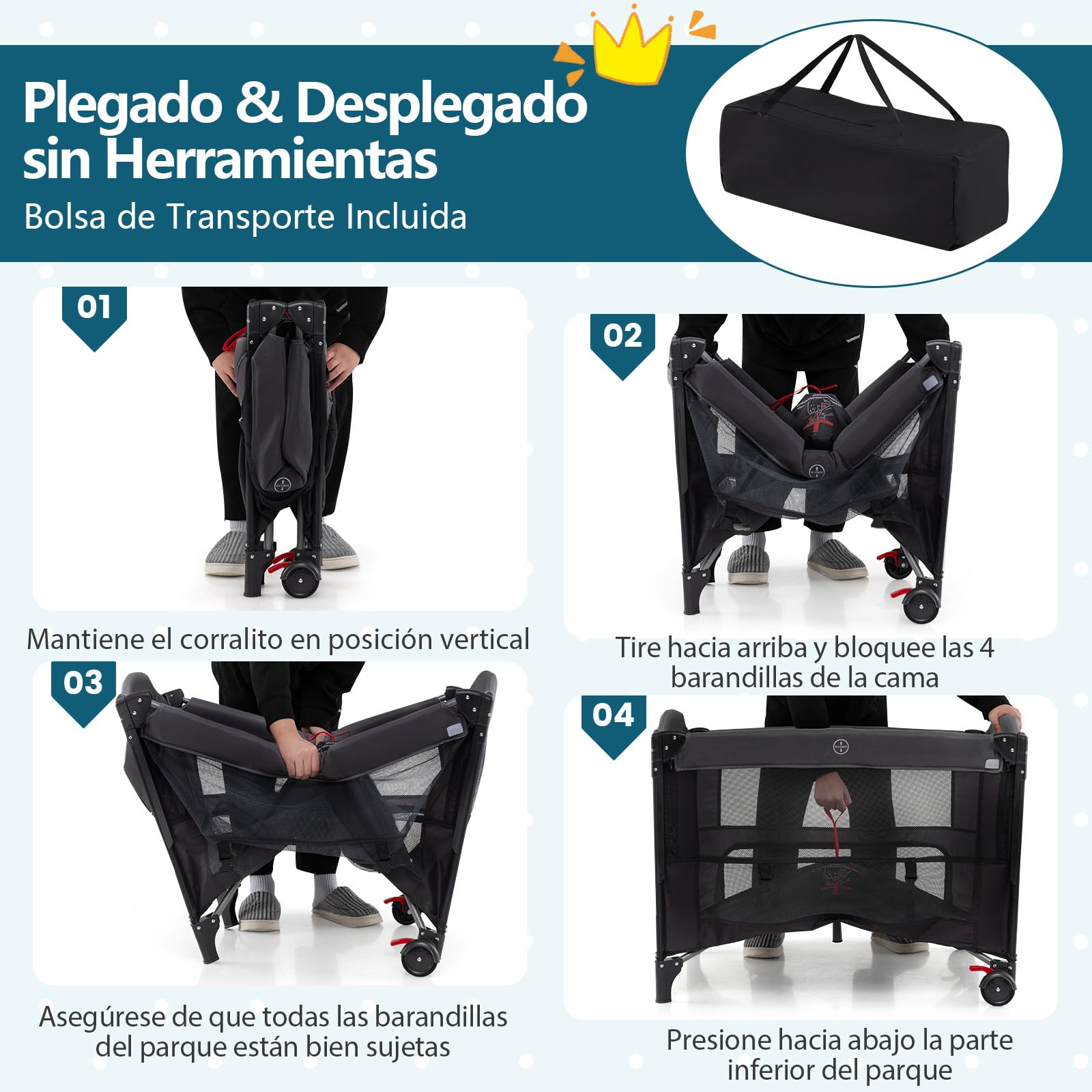 COSTWAY Cuna de Viaje Plegable con Cambiador, Moisés Portátil para Bebés, Cuna de Colecho con 4 Alturas Ajustables, Colchón, Dosel con Mosquitera, Almacenaje, Barra de Juguetes y Bolsa