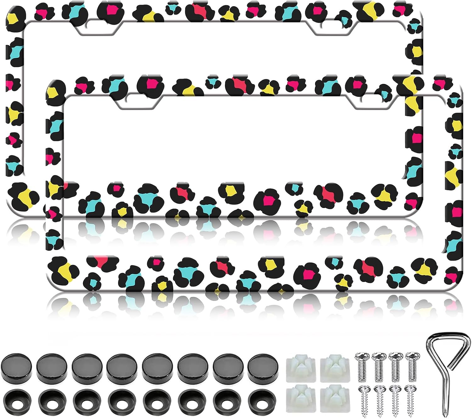 Colorful Leopard Print License Plate Frames - 2 Pack Rainbow Cheetah Print License Plate Holder, Aluminum Metal Rust-Proof Waterproof Car Decorative Tag Frame for Standard US Canada 12x6 Inch