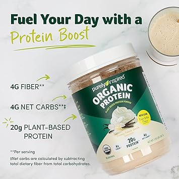 Purely Inspired Plant-Based Protein Powder for Men & Women, Creamy French Vanilla (16 Servings) - Vegan & Organic - 20g of Pea Protein Powder for Smoothies & Shakes - Dairy-Free, Gluten-Free