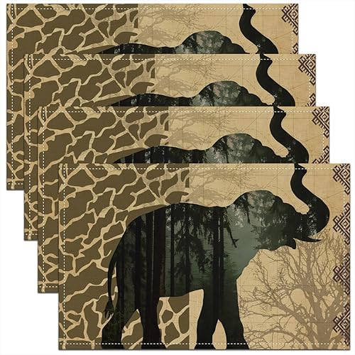 Juego de 4 manteles individuales de elefante salvaje de 12 x 18 pulgadas, diseño de silueta africana de vida silvestre para niños, adolescentes y