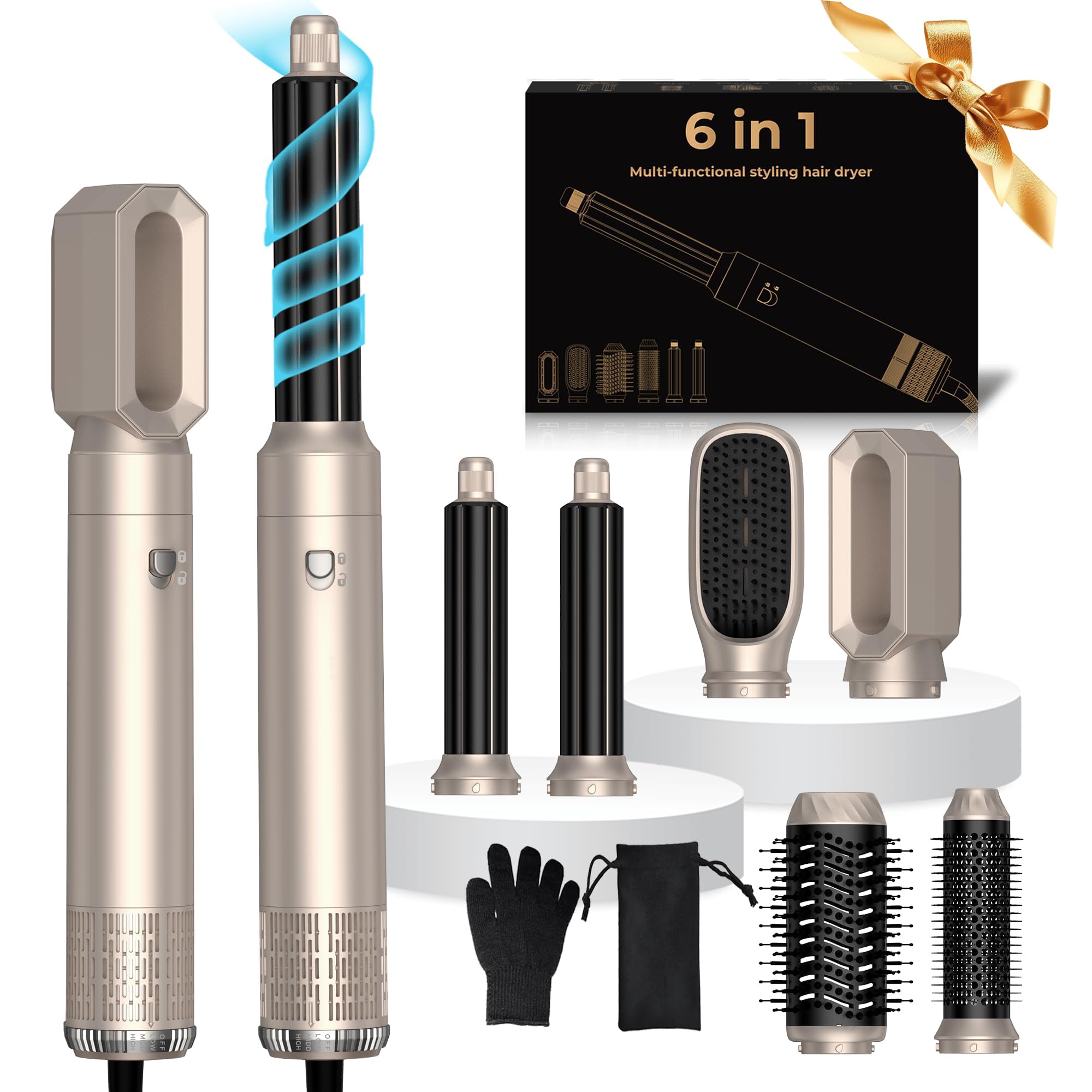Seche Cheveux Air Brush 6 en 1,1000W Air Styler Brosse Soufflante,Hair Styler avec 30mm boucleur,Sèche-cheveux Ionique Pour Cheveux Bouclés et Lissés,Température Vitesse du vent Réglable