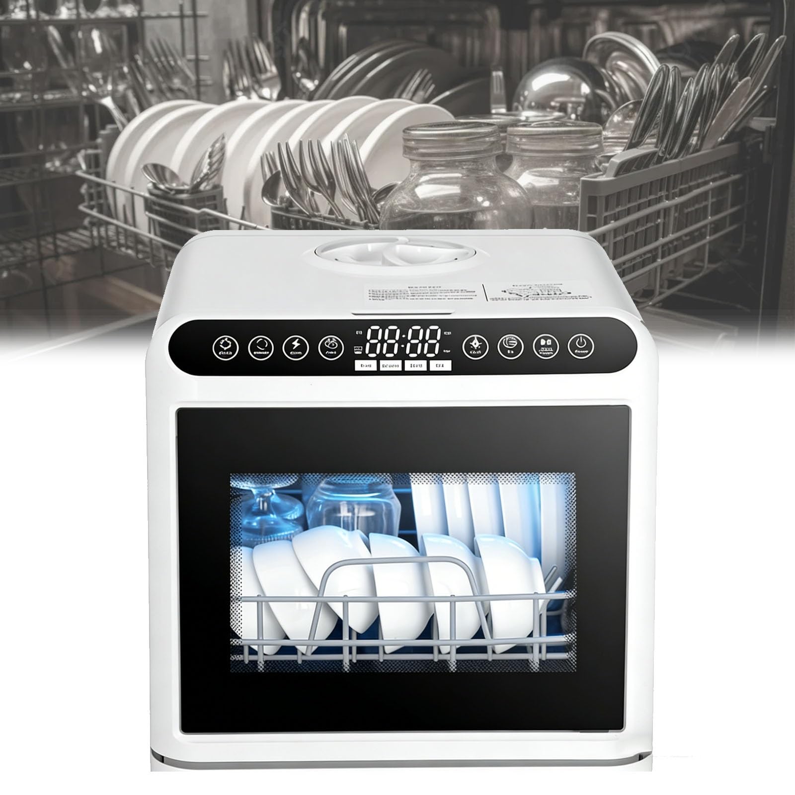 Un lavavajillas de sobremesa compacto y totalmente automático, equipado con un tanque de agua de 5 litros, ideal para cocinas pequeñas, apartamentos y residencias estudiantiles.