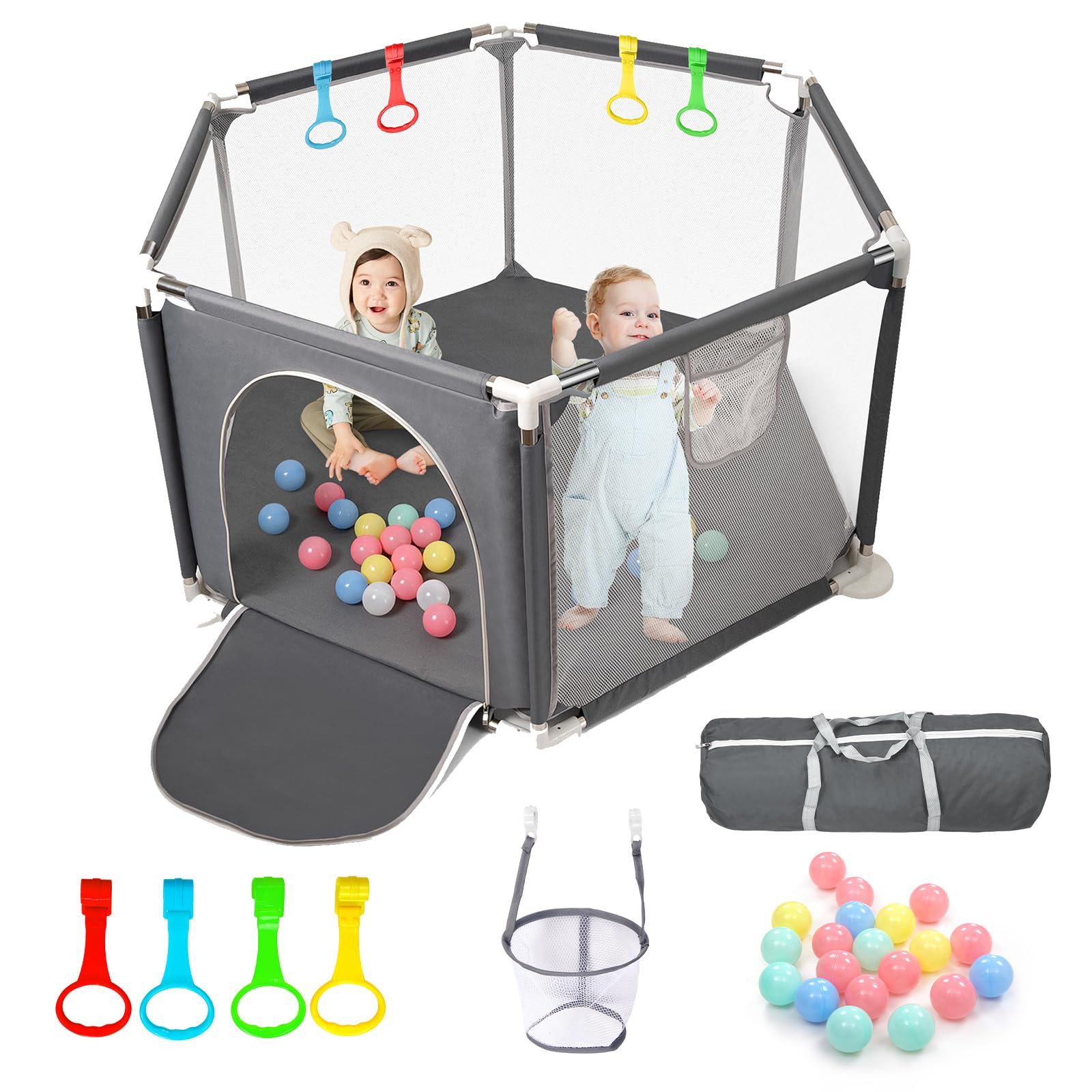 CHOLY Box esagonale per neonati con rete traspirante, recinzione attività bambini, borsa viaggio grigio scuro