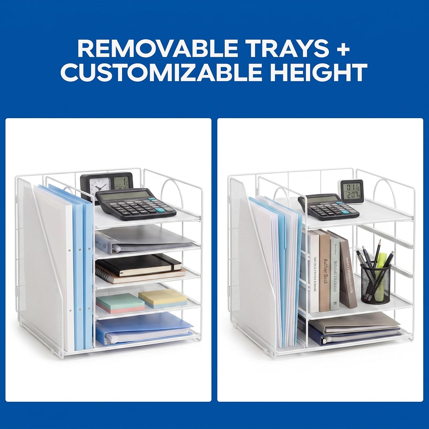 5-Tier Desk Organizer, Letter Tray with File Holder, Steel, White image 3
