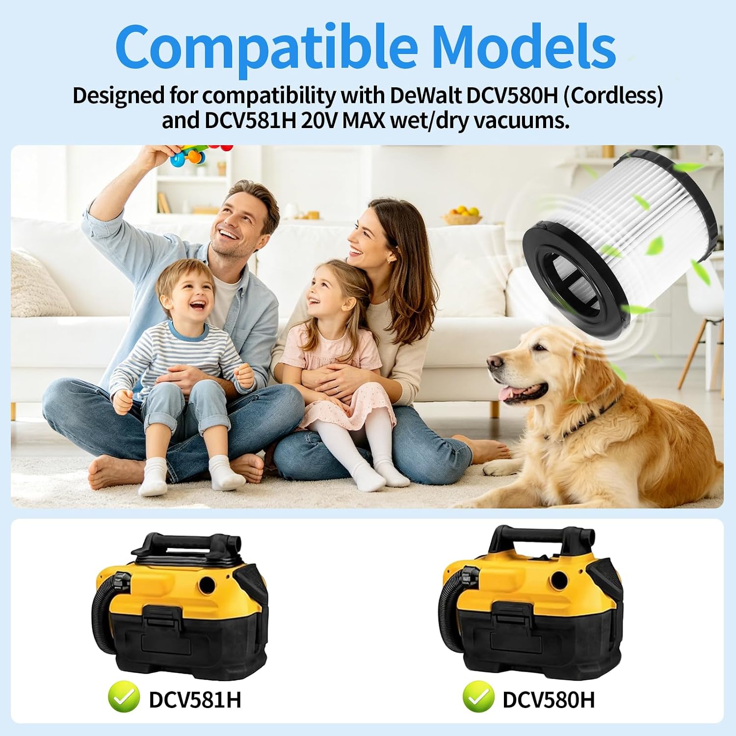 2 Pack DCV580H Vacuum Filter Replacement for DEWALT DCV580H DCV581H 20V MAX MAX Cordless and Corded Wet Dry Vacuum, with 2 Foam Sleeve and 1 Brush