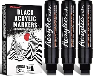 Willingood 3x Schwarz Acrylstifte, Jumbo Marker Set, 15mm Filzspitze, Schnelltrocknend, Wasserfest, Permanentmarker für Steine, Keramik, Glas, Holz, Reifen, Stoff, Metall, Leinwand, DIY