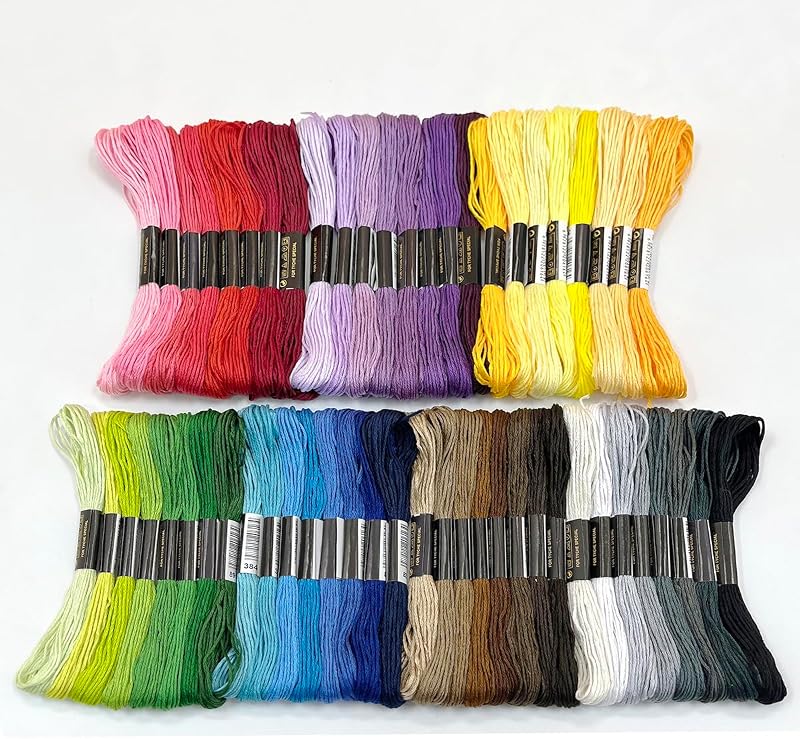 Juego de hilo de bordar degradado de 8 colores Zhenqing | 7 familias de colores (rojo, amarillo, azul, verde, morado, marrón, blanco y negro) | 56 ovillos preclasificados, hilos de 6 hilos (8 m cada uno) para costura y manualidades