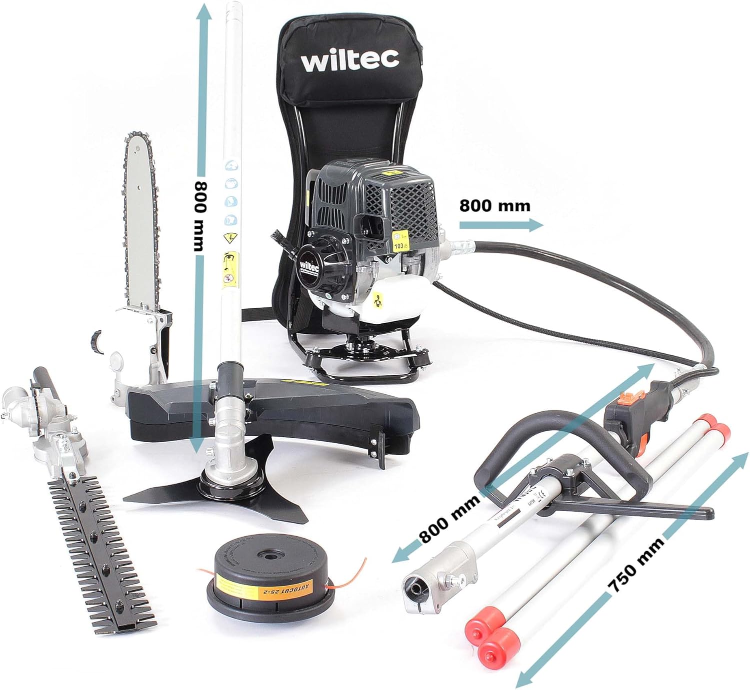 All components of the Wiltec 4-in-1 garden tool laid out on a white background, including the engine unit, backpack, various attachments, and extension poles.