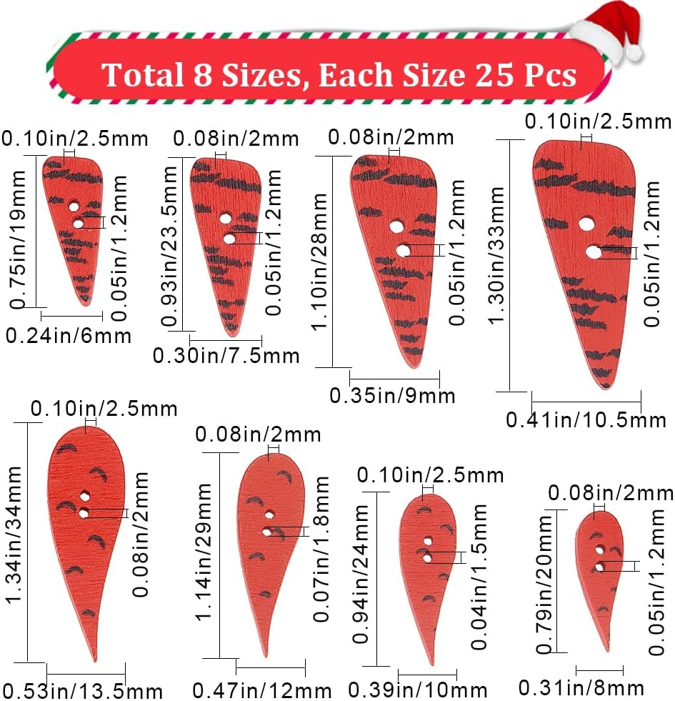 GORGECRAFT 200Pcs 8 Size Christmas Carrot Noses Buttons Tomato Plants Wooden Buttons DIY Ornament Xmax Snowman for Women Crafting Sewing Embellishment Decoration Clothes Crafts Gifts