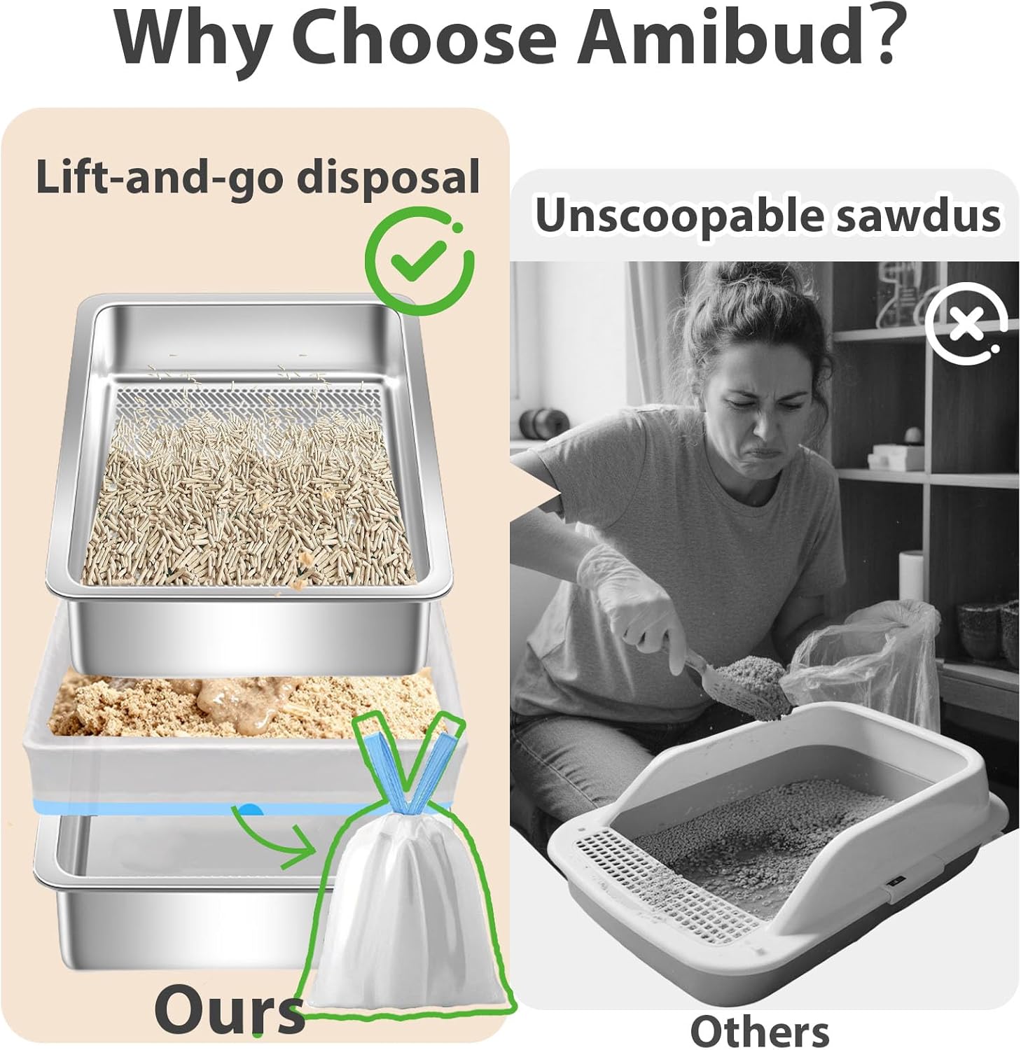 2 Pack Stainless Steel Sifting Litter Box, Sifting Cat Litter Box for Wood Pine Pellets,Extra Large XL Sifter Litter Pan System with Litte Liners and Scoop-23.6''L x 15.7''W x 6''H