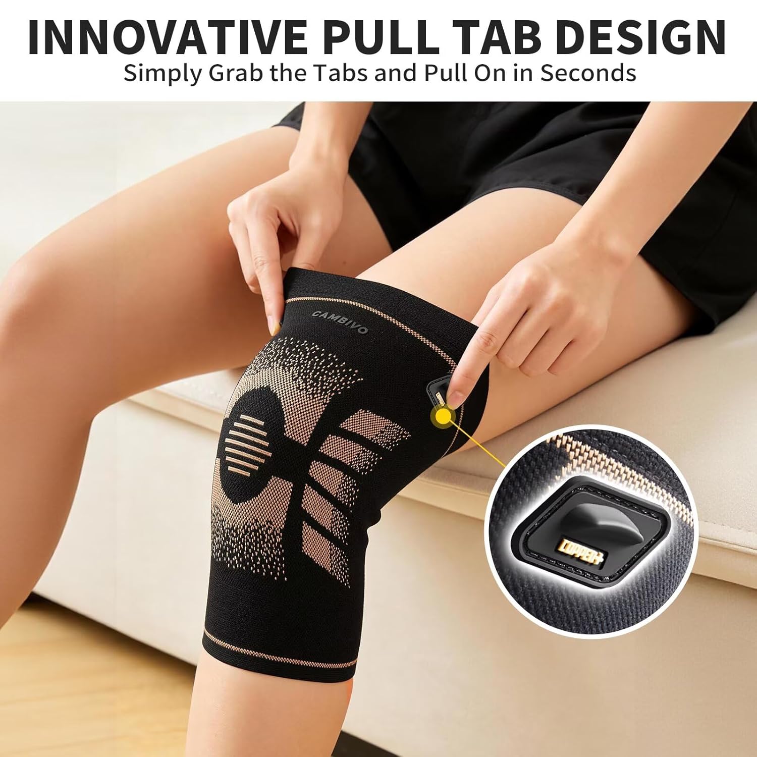 CAMBIVO 2 Pack Copper Knee Brace for Women & Men, Copper Infused Compression Knee Sleeve for Arthritis Pain Relief & Knee Support, Anti-Slip Design with Pull Tabs for Running, Gym, Daily Wear (Large)
