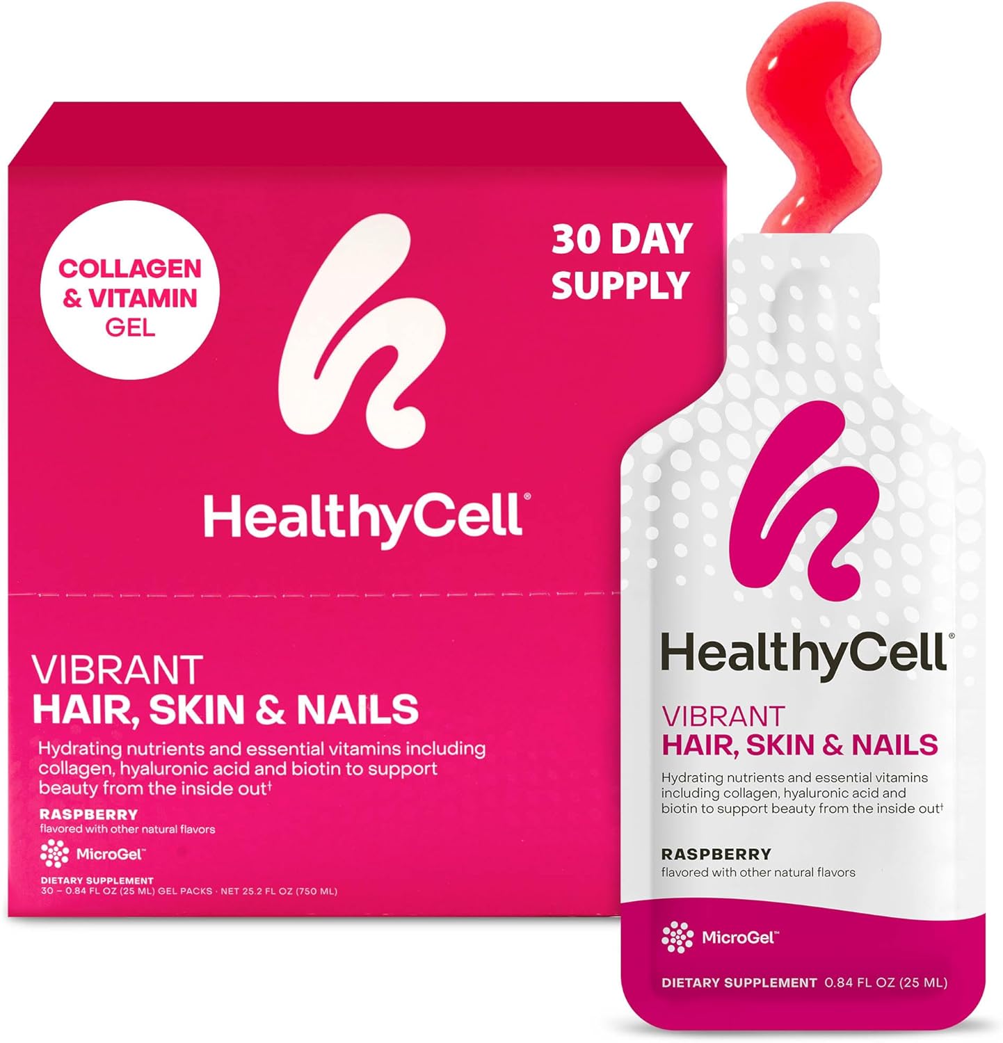 Healthycell Vibrant Hair Skin & Nails Daily Liquid Supplement – Beauty Supplements with Hydrating Nutrients & Essential Vitamins – Collagen, Biotin & Hyaluronic Acid – 30 Gel Packs