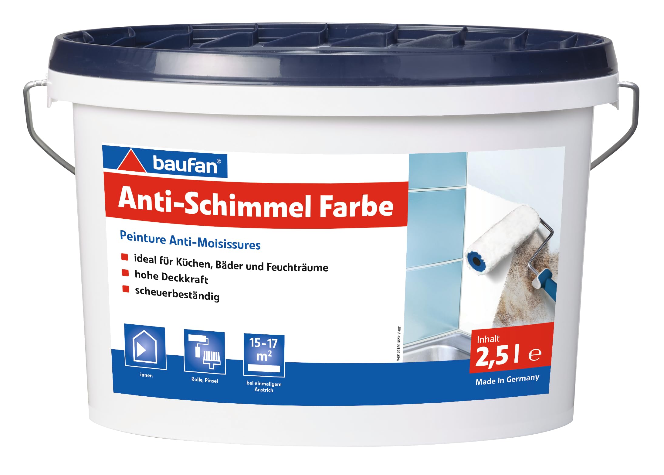 Baufan Pittura Anti-Muffa 2,5 L | Ideale per Cucine, Bagni e Ambienti Umidi | Alta Copertura | Resistente allo Sfregamento | BAuA n. 117334