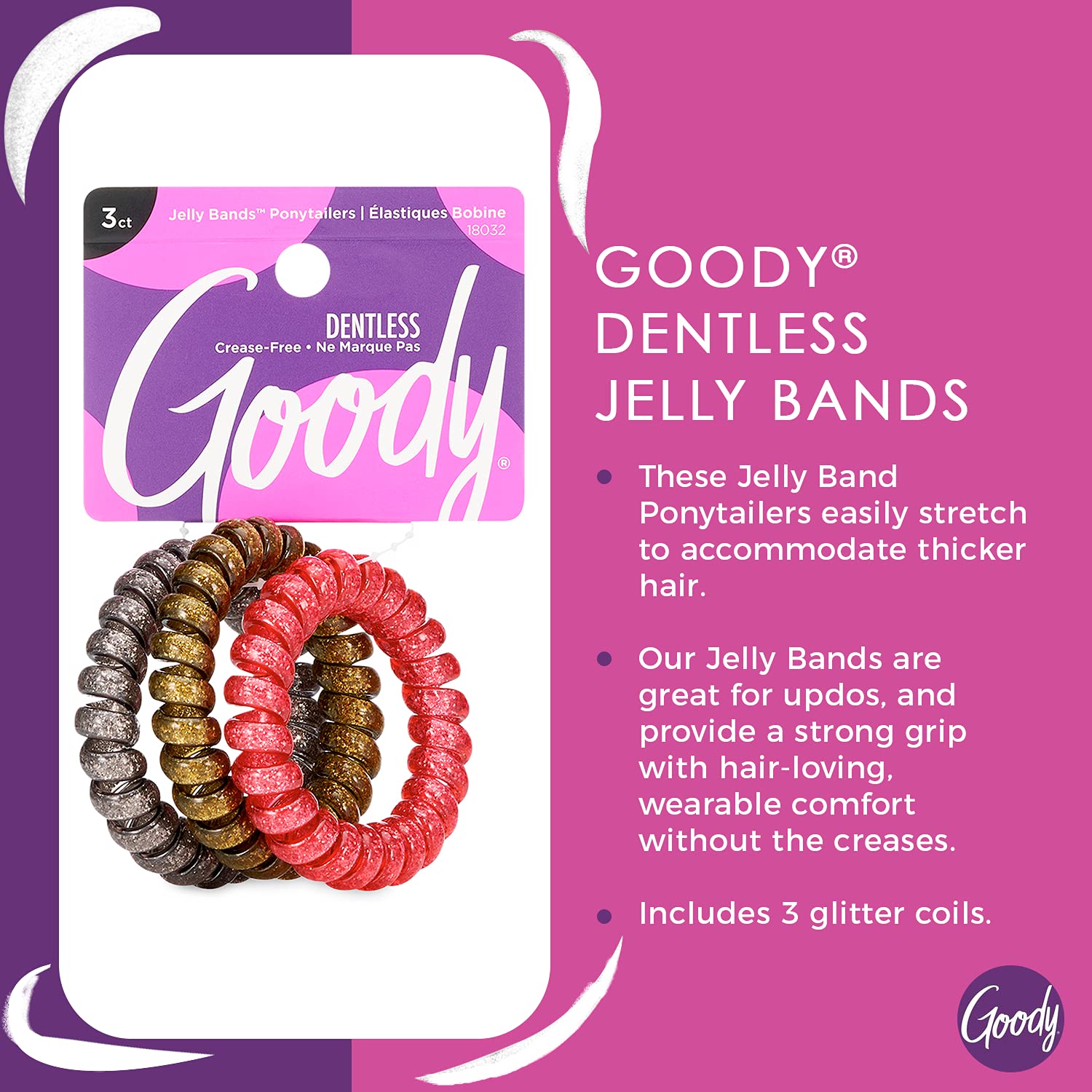 Goody Trend Ponytailers Elastic Thick Hair Coils - 3 Count, Glitter - Assorted - Medium Hair to Thick Hair - Hair Accessories for Women and Girls - Perfect for Long Lasting Braids, Ponytails and More : Beauty & Personal Care
