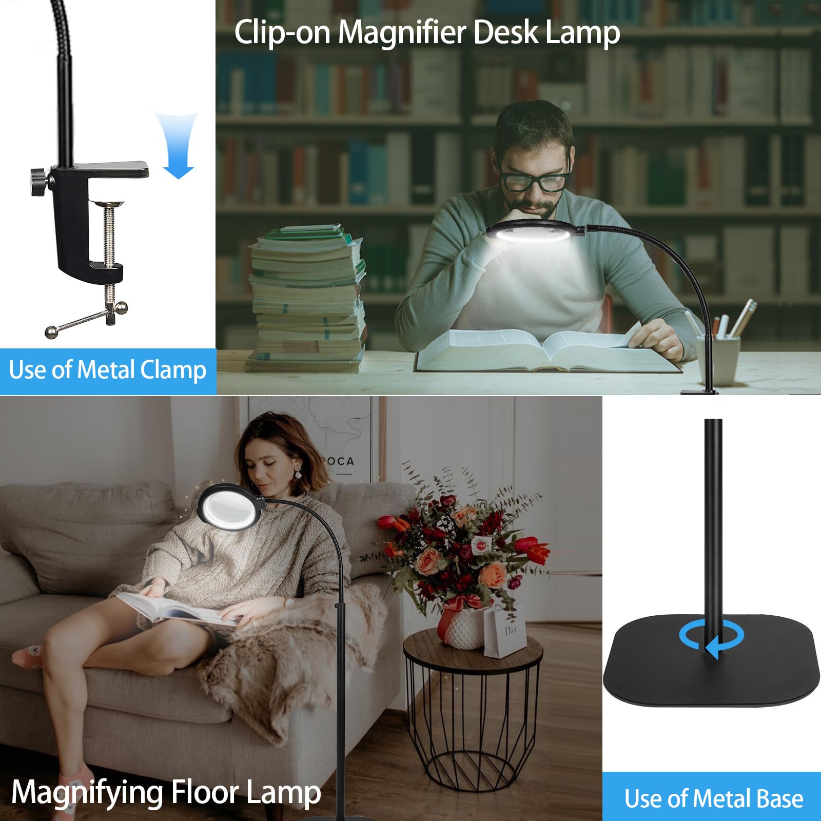 GABORISH 10 lupas de pie con luz y soporte, 3 en 1 con 54 LED, cuello de cisne flexible con abrazadera, 5 modos de color, intensidad regulable, lupa de lectura con luz para personas mayores, grande