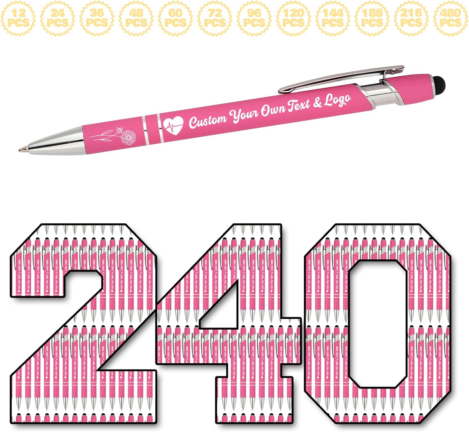 Ship Next Day,1 to 480 Pcs Personalized Ink Pen with Stylus Bulk Free Engraving with Name Inspirational Text Business Logo Black Ink Birthday Office Gifts for Friends Family-Rose 240PCS