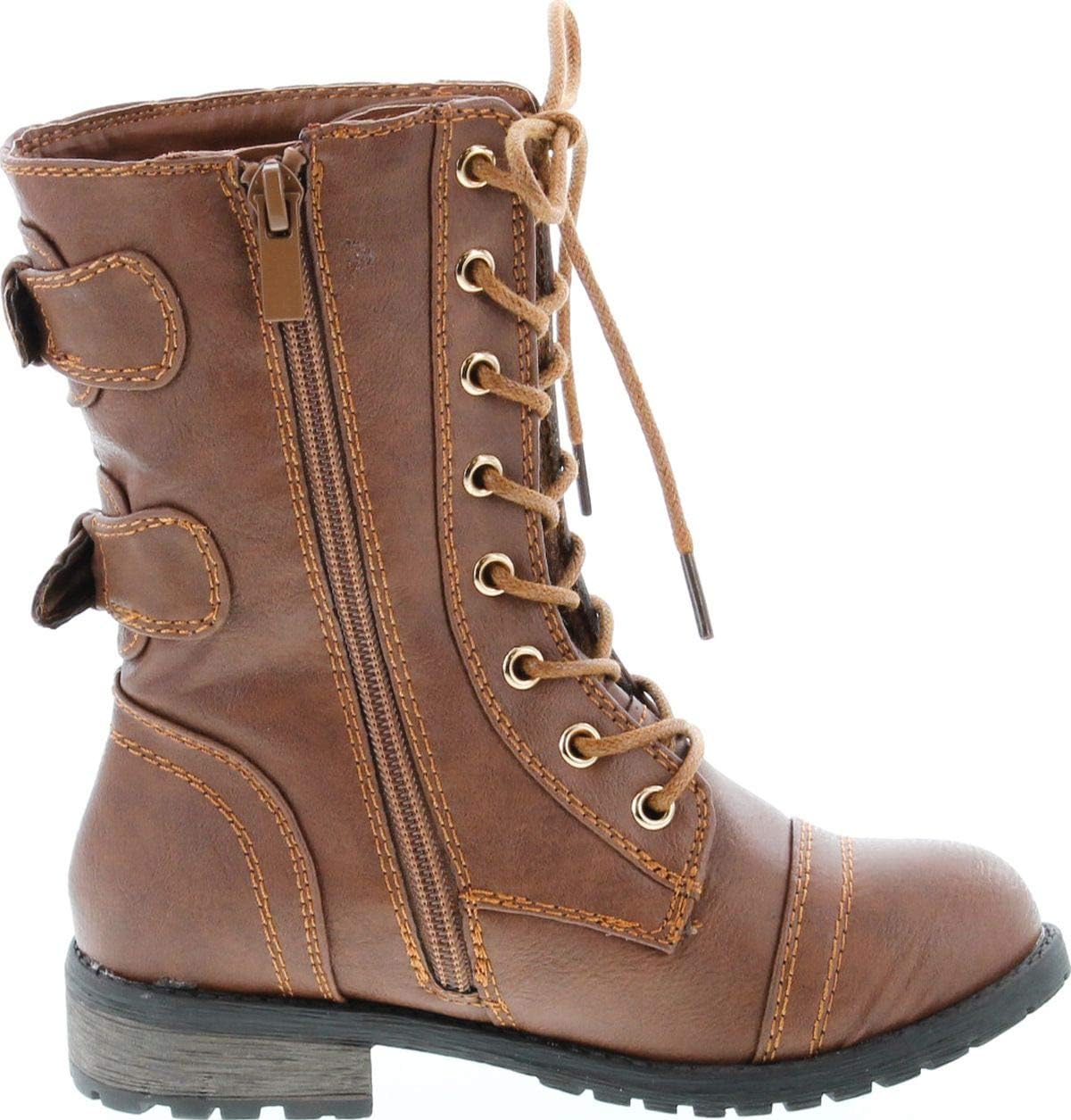 Link Girls Mango-79 Kids Combat Lace Up Quilted Dual Buckle Zip Decor Mid Calf Motorcycle Boots