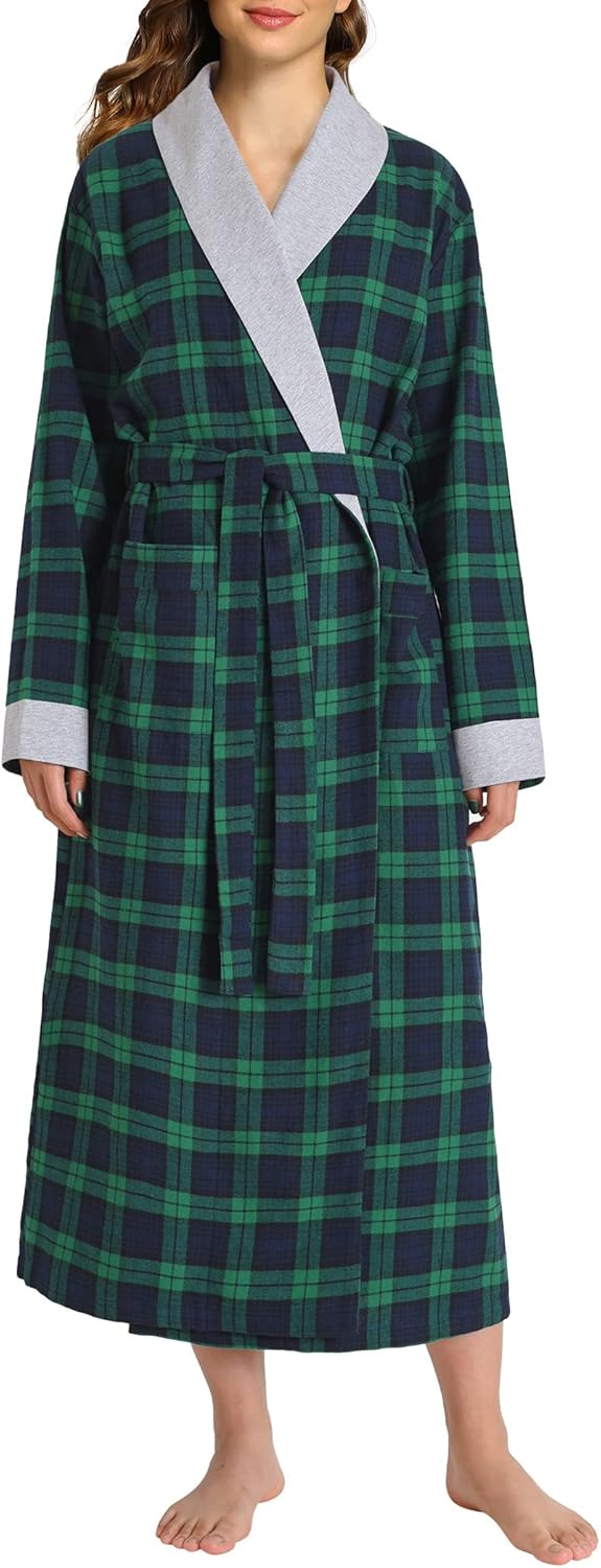 Latuza Women's Plaid Flannel Robe Long Cotton Bathrobe with Pockets