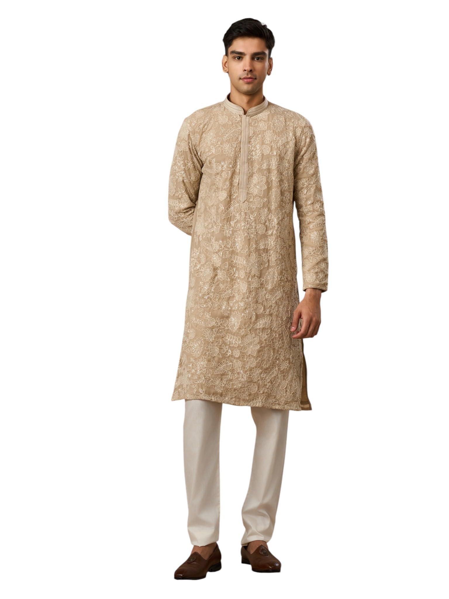 manyavar Men's Georgette Sequinned & Thread Work Kurta Churidar Set (2pcs)-picture-21