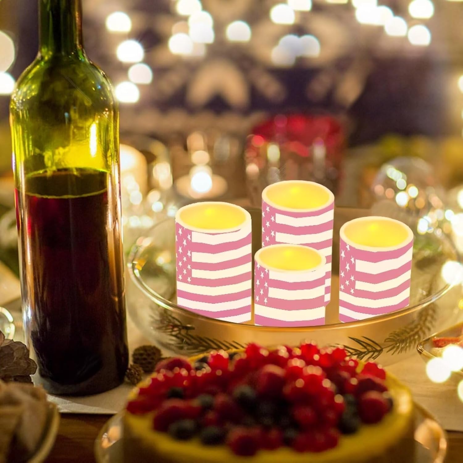 GLENLCWE Pink USA Flag Flameless Candle Set of 4 with Remote Control and Timer Battery Operated Candles Waterproof Flickering Realistic LED Candle Suitable for Outdoor Seaside Proposal