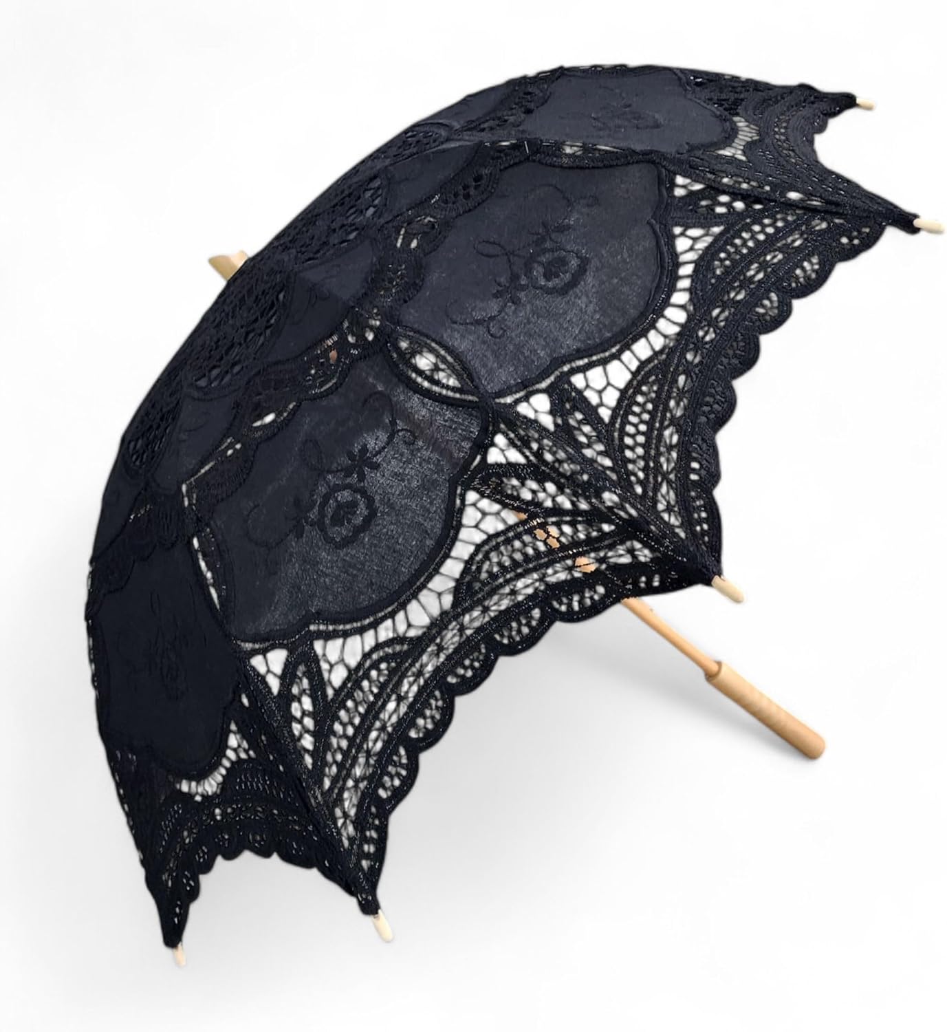 Black Lace Hand Sewn Parasol With Wood Handle