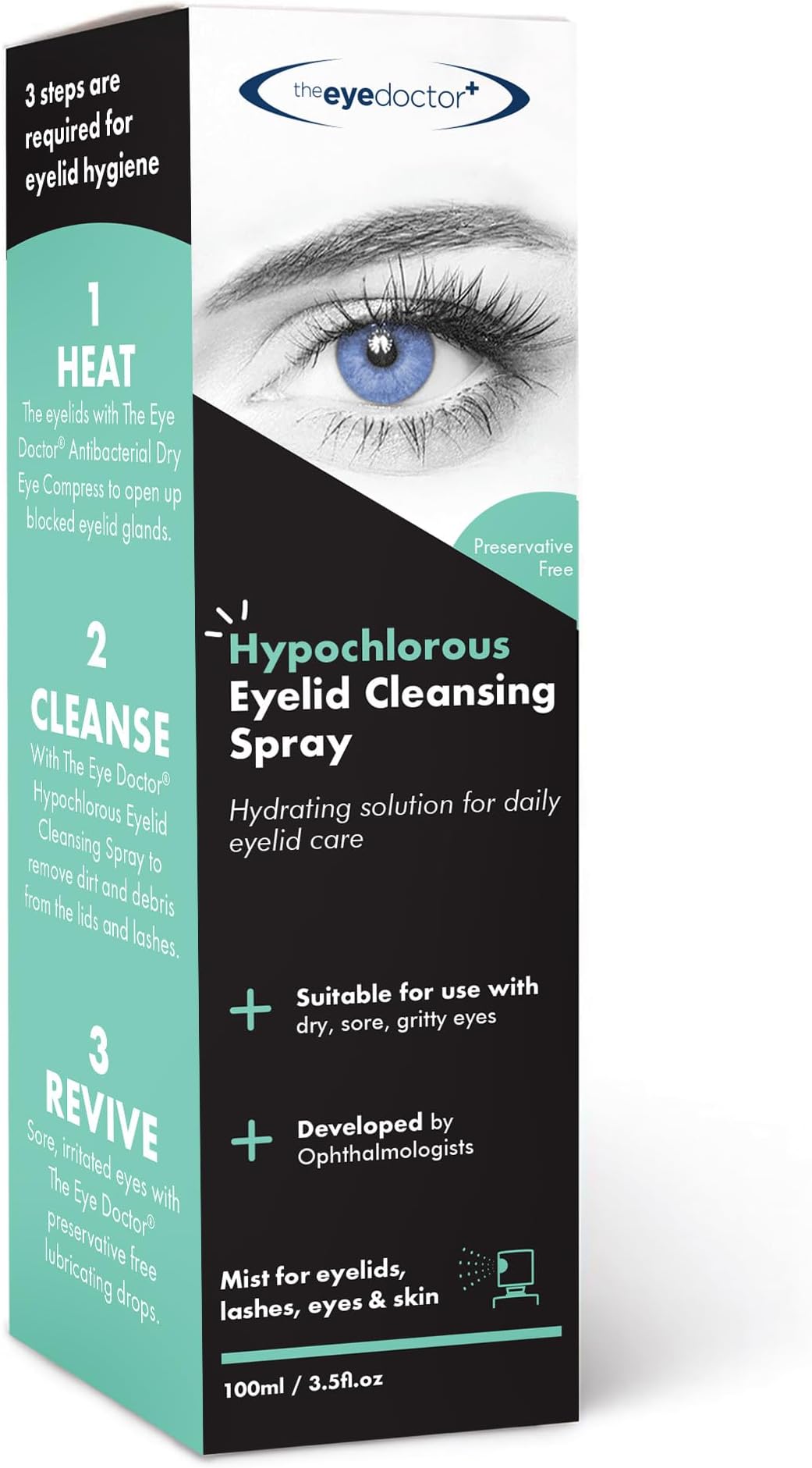 Eye Doctor Hypochlorous Acid Eyelid Spray for Dry Eye Relief, Mist 100ml | Hypoallergenic Antibacterial Lid Cleanser, Preservative and Alcohol Free, pH Balanced, Lash Extension Safe, Daily Lid Hygiene