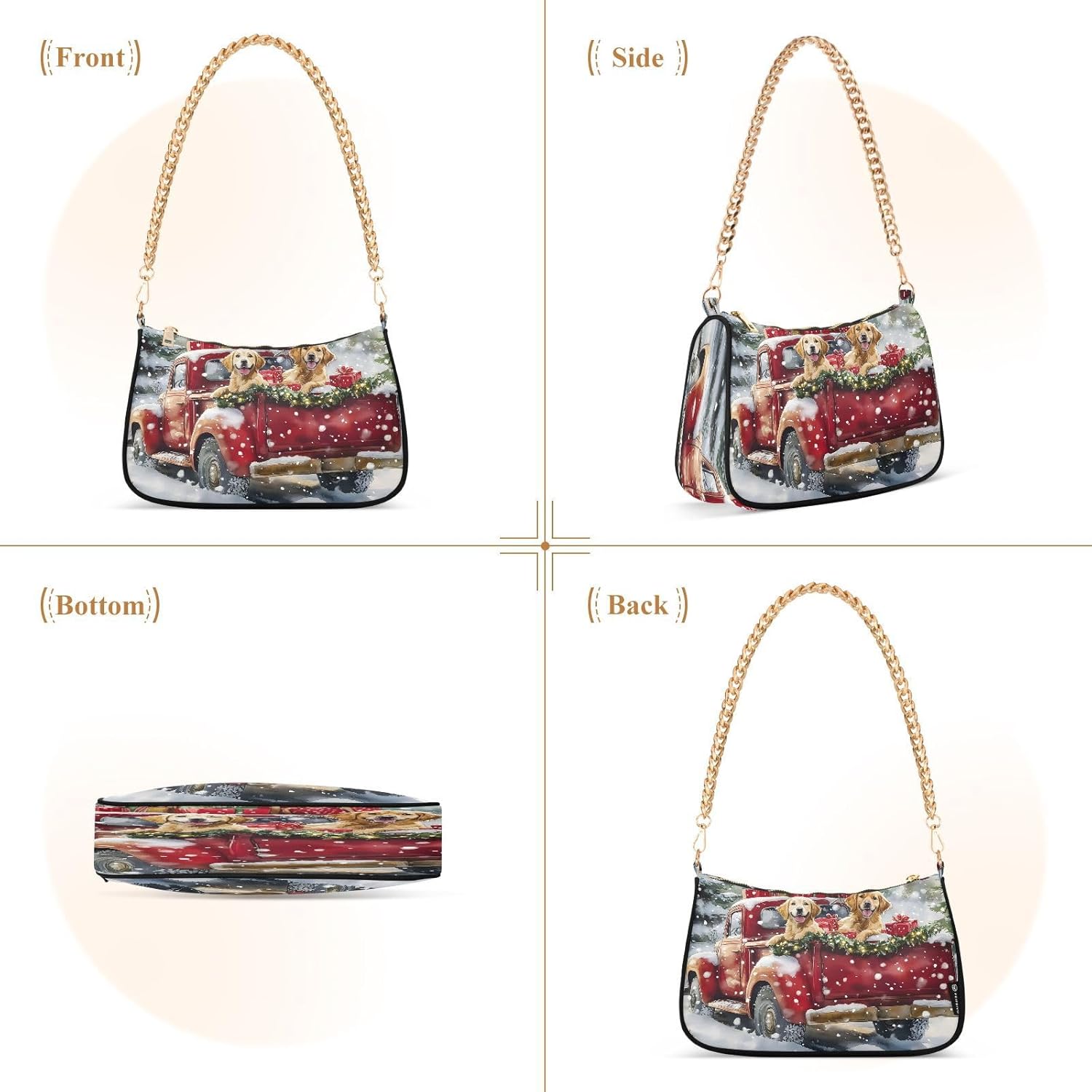 Christmas Red Truck Dog Chain Shoulder Bag Hobo Tote Handbag Mini Clutch Purse with Zipper Closure for Women